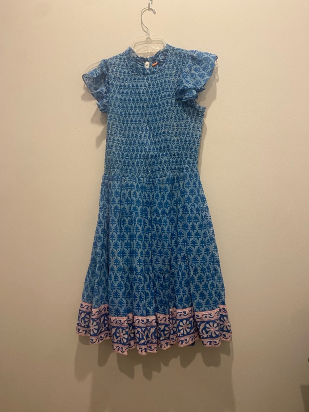 Oliphant Blue Printed Smocked Dress with Border Trim